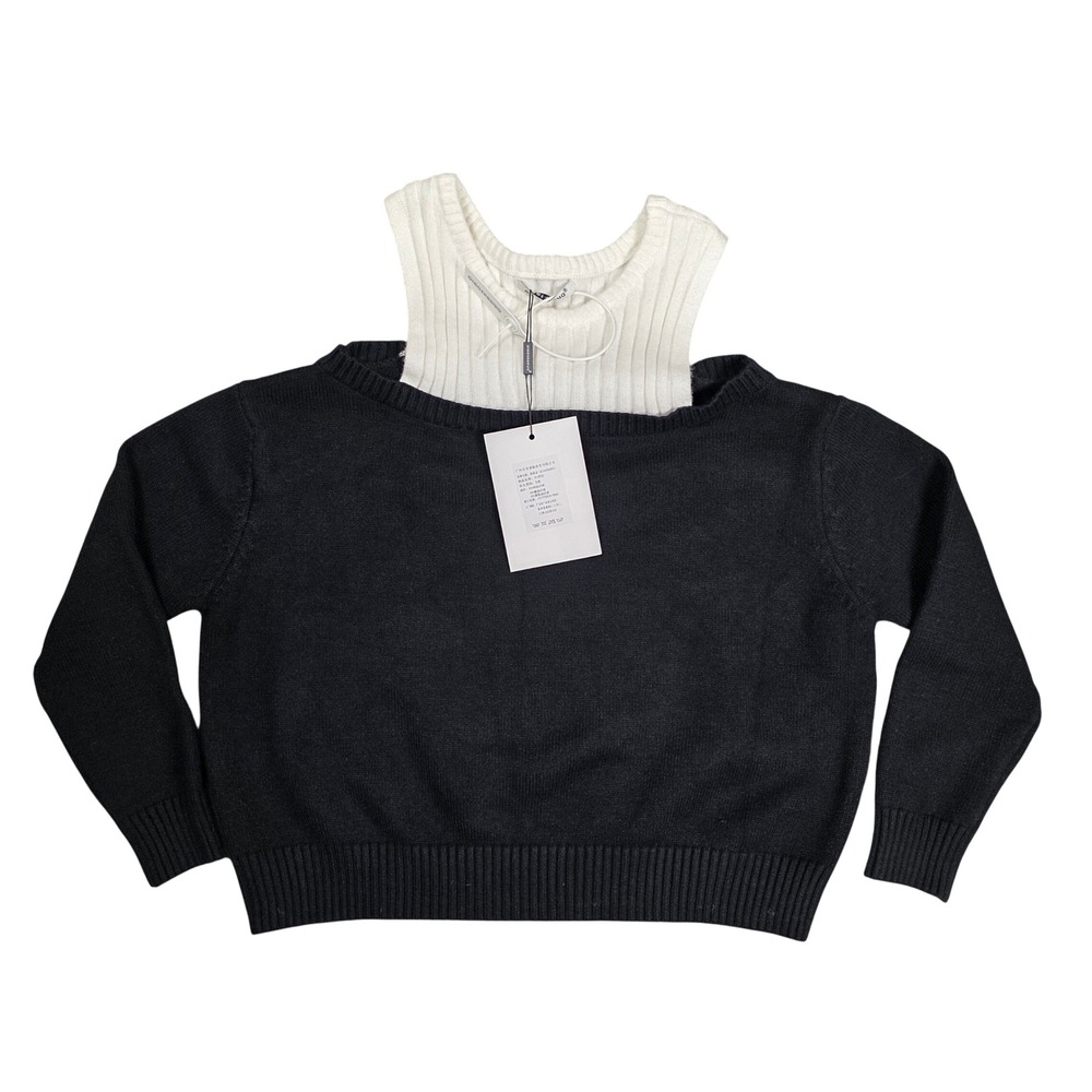 Knitted Cropped Off Shoulder Sweater With Tank Women's XS Black‎ White NEW Edgy